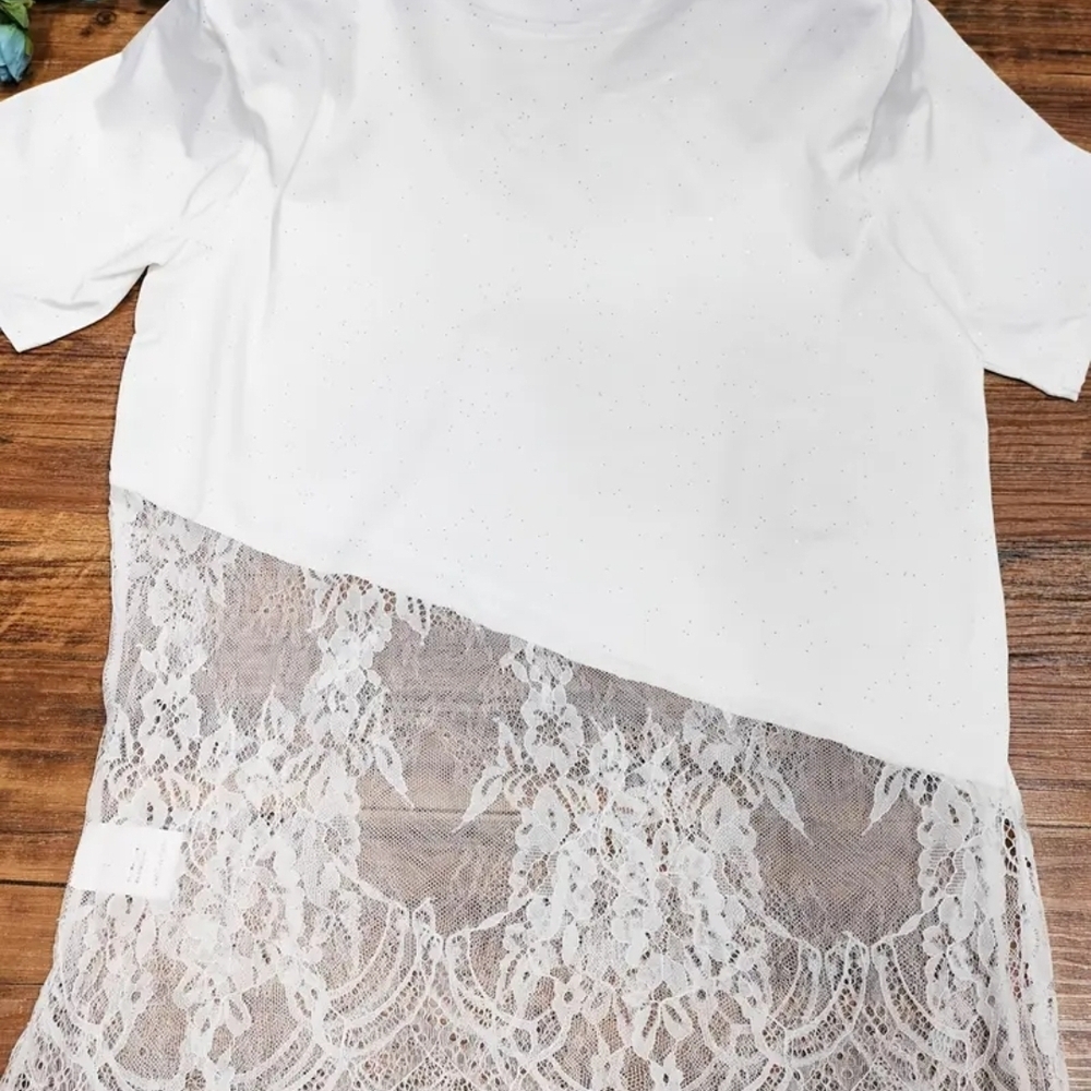 White Lace Overlay T-Shirt Sparkly